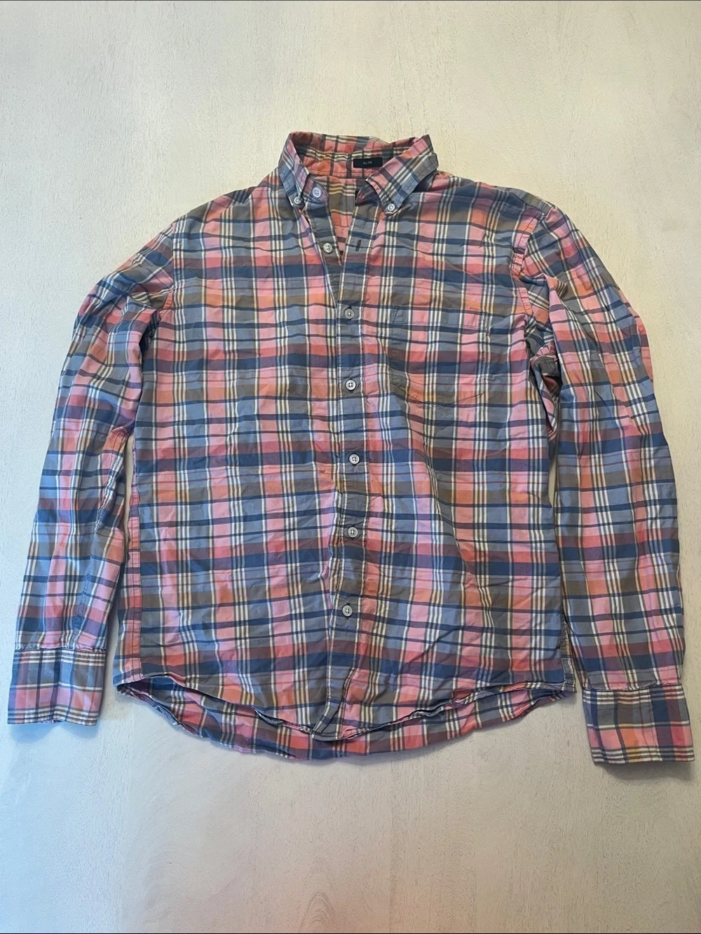 J. Crew Men’s Slim Flex Washed Pink and Blue Plaid Cotton Button-Down Shirt